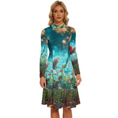 Flowers Detail Painting Nature Long Sleeve Shirt Collar A-line Dress by Anend