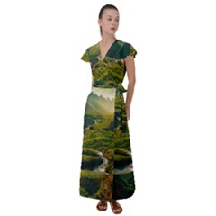 Mountains Trees Forest Flutter Sleeve Maxi Dress by Anend