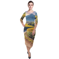Sunflowers Flowers Nature Quarter Sleeve Midi Velour Bodycon Dress by Anend