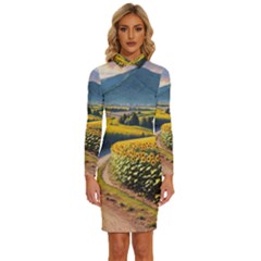 Sunflowers Flowers Nature Long Sleeve Shirt Collar Bodycon Dress by Anend