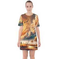 Nature Storm Painting Sixties Short Sleeve Mini Dress by Anend