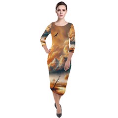 Nature Storm Painting Quarter Sleeve Midi Velour Bodycon Dress by Anend