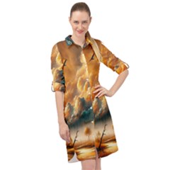 Nature Storm Painting Long Sleeve Mini Shirt Dress by Anend