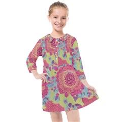 Mid Century Retro Floral 1970s 1960s Pattern 82 Kids  Quarter Sleeve Shirt Dress by violetheavensky