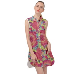 Mid Century Retro Floral 1970s 1960s Pattern 82 Sleeveless Shirt Dress by violetheavensky