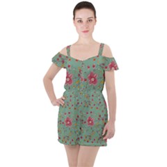 Mid Century Retro Floral 1970s 1960s Pattern 79 Ruffle Cut Out Chiffon Playsuit by violetheavensky