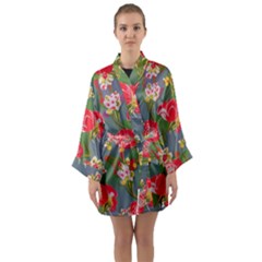 Mid Century Retro Floral 1970s 1960s Pattern 83 Long Sleeve Satin Kimono by violetheavensky