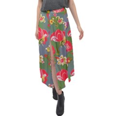 Mid Century Retro Floral 1970s 1960s Pattern 83 Velour Split Maxi Skirt by violetheavensky