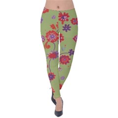 Mid Century Retro Floral 1970s 1960s Pattern 76 Velvet Leggings by violetheavensky