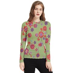 Mid Century Retro Floral 1970s 1960s Pattern 76 Women s Long Sleeve Rash Guard by violetheavensky