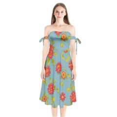 Mid Century Retro Floral 1970s 1960s Pattern 78 Shoulder Tie Bardot Midi Dress by violetheavensky