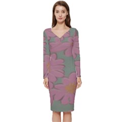 Mid Century Retro Floral 1970s 1960s Pattern 80 Long Sleeve V-neck Bodycon Dress  by violetheavensky