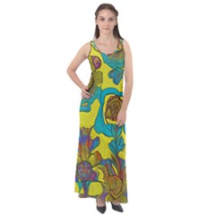 Mid Century Retro Floral 1970s 1960s Pattern 60 Sleeveless Velour Maxi Dress by violetheavensky