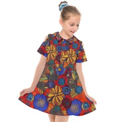 Mid Century Retro Floral 1970s 1960s Pattern 69 Kids  Short Sleeve Shirt Dress by violetheavensky