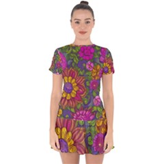 Mid Century Retro Floral 1970s 1960s Pattern 55 Drop Hem Mini Chiffon Dress by violetheavensky