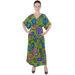 Mid Century Retro Floral 1970s 1960s Pattern 59 V-neck Boho Style Maxi Dress by violetheavensky