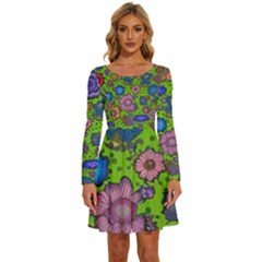 Mid Century Retro Floral 1970s 1960s Pattern 59 Long Sleeve Wide Neck Velvet Dress by violetheavensky