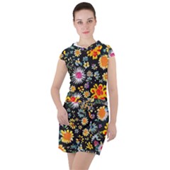 Mid Century Retro Floral 1970s 1960s Pattern 57 Drawstring Hooded Dress by violetheavensky