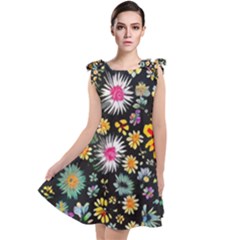 Mid Century Retro Floral 1970s 1960s Pattern 57 Tie Up Tunic Dress by violetheavensky