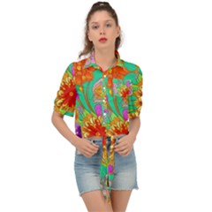 Mid Century Retro Floral 1970s 1960s Pattern 58 Tie Front Shirt  by violetheavensky