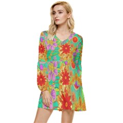 Mid Century Retro Floral 1970s 1960s Pattern 58 Tiered Long Sleeve Mini Dress by violetheavensky