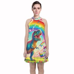 T-rex And Unicorns Velvet Halter Neckline Dress  by RainbowTyrannosaurus