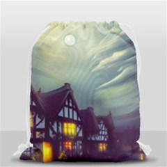 Village Moon Cloudy Historical Tudor Architecture Houses Town Night Windows City Drawstring Bag (small) by Posterlux