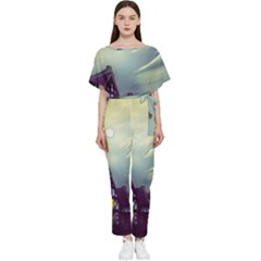 Village Moon Cloudy Historical Tudor Architecture Houses Town Night Windows City Batwing Lightweight Chiffon Jumpsuit by Posterlux