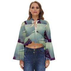Village Moon Cloudy Historical Tudor Architecture Houses Town Night Windows City Boho Long Bell Sleeve Top by Posterlux