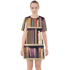 Books Bookshelves Office Fantasy Background Artwork Book Cover Apothecary Book Nook Literature Libra Sixties Short Sleeve Mini Dress by Posterlux