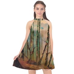 Woodland Woods Forest Trees Nature Outdoors Mist Moon Background Artwork Book Halter Neckline Chiffon Dress  by Posterlux