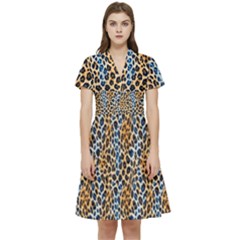 Blue Brown Leopard Short Sleeve Waist Detail Dress by DinkovaArt