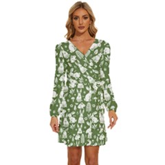 Easter Bunny Pattern Long Sleeve Waist Tie Ruffle Velvet Dress by Valentinaart
