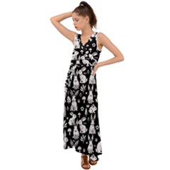 Easter Bunny Pattern V-neck Chiffon Maxi Dress by Valentinaart