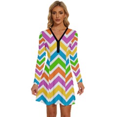 Chevron Pattern Design Texture Long Sleeve Deep V Mini Dress  by Anend