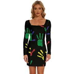 Handprints Hand Print Colourful Long Sleeve Square Neck Bodycon Velvet Dress by Anend