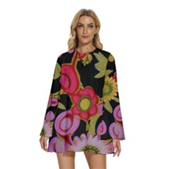 Mid Century Retro Floral 1970s 1960s Pattern 70 Round Neck Long Sleeve Bohemian Style Chiffon Mini Dress by violetheavensky