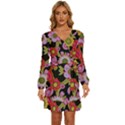 Mid Century Retro Floral 1970s 1960s Pattern 70 Long Sleeve Waist Tie Ruffle Velvet Dress View1