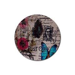 Floral Scripts Blue Butterfly Eiffel Tower Vintage Paris Fashion Drink Coaster (round) by chicelegantboutique