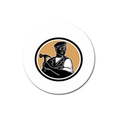 Carpenter Holding Hammer Woodcut Magnet 3  (round) by retrovectors