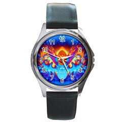 Escape From The Sun Round Leather Watch (silver Rim) by icarusismartdesigns