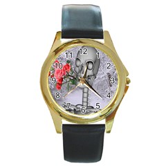 Looking Forward To Spring Round Leather Watch (gold Rim)  by icarusismartdesigns