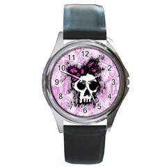 Sketched Skull Princess Round Leather Watch (silver Rim) by ArtistRoseanneJones
