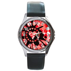 Love Heart Splatter Round Leather Watch (silver Rim) by ArtistRoseanneJones