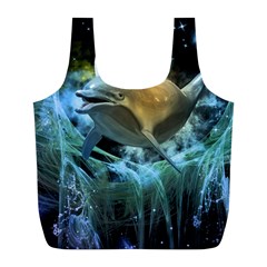 Funny Dolphin In The Universe Full Print Recycle Bags (l)  by FantasyWorld7