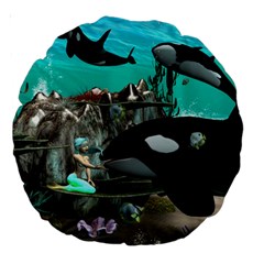 Cute Mermaid Playing With Orca Large 18  Premium Round Cushions by FantasyWorld7