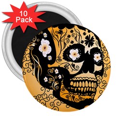 Sugar Skull In Black And Yellow 3  Magnets (10 Pack)  by FantasyWorld7