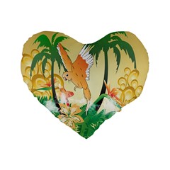 Funny Budgies With Palm And Flower Standard 16  Premium Heart Shape Cushions by FantasyWorld7
