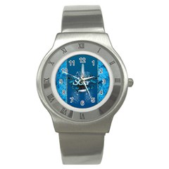 Surf, Surfboard With Water Drops On Blue Background Stainless Steel Watches by FantasyWorld7
