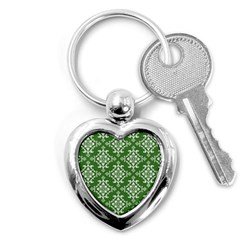 St Patrick S Day Damask Vintage Green Background Pattern Key Chains (heart)  by Simbadda